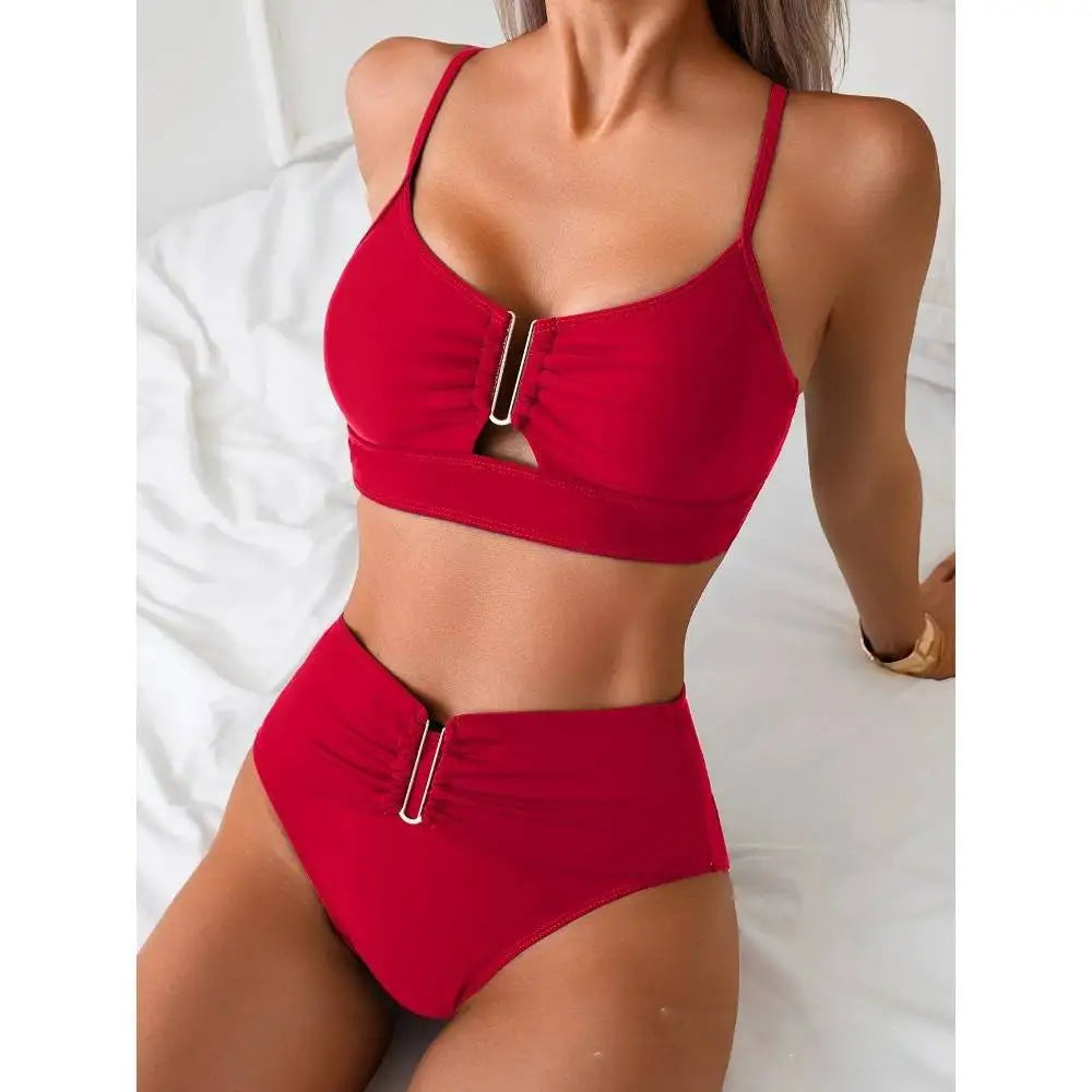 Voguable  Sexy Solid High Waist Bikinis Set Women Split Swimsuit Beach Brazil Bikini New All Season Backless Bikinis 2 Piece Set voguable