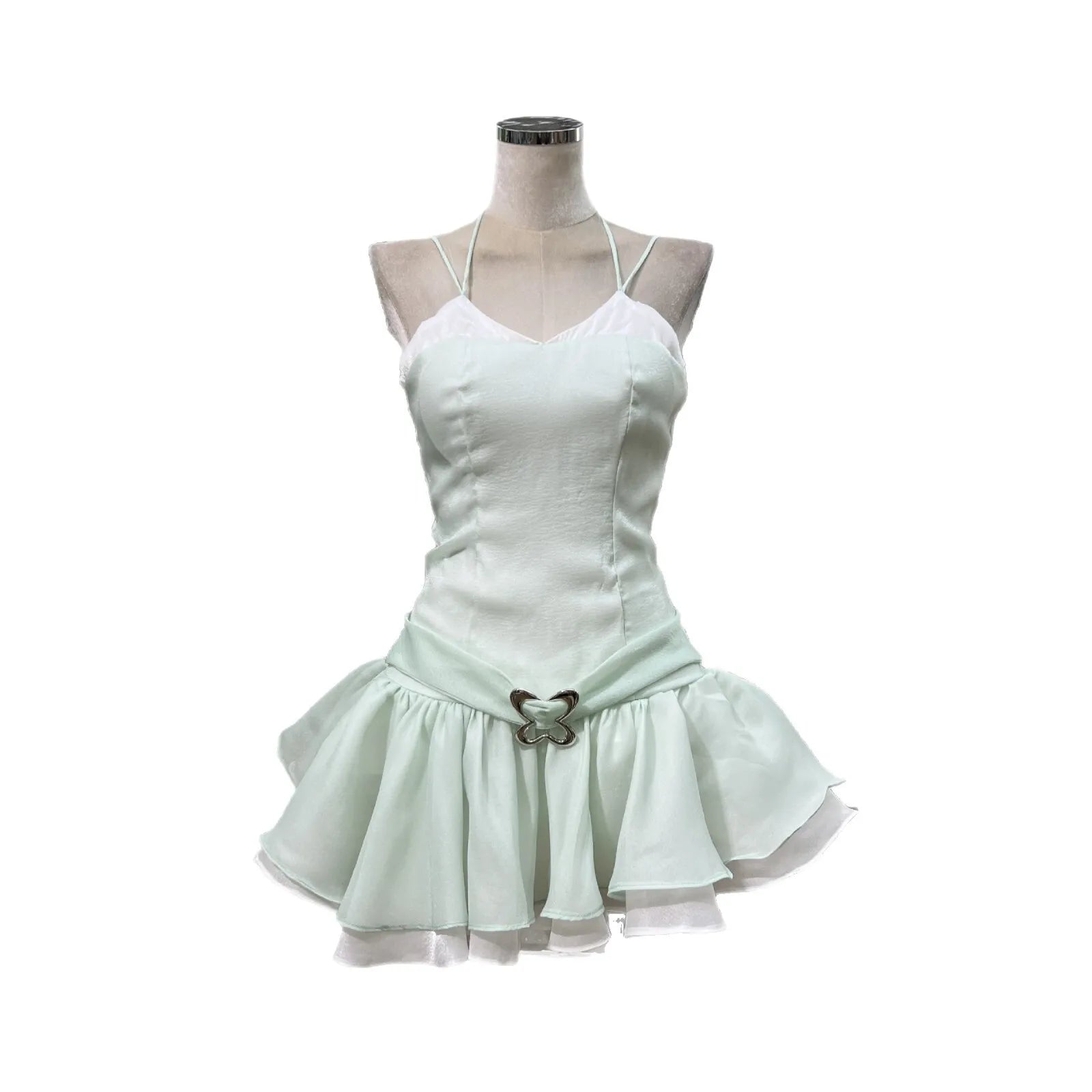 Fashion Contrast Color Green Spaghetti Strap Dress Women's Slim Metal Buckle Bottom Shorts Mini Dresses Summer New 3A106 voguable