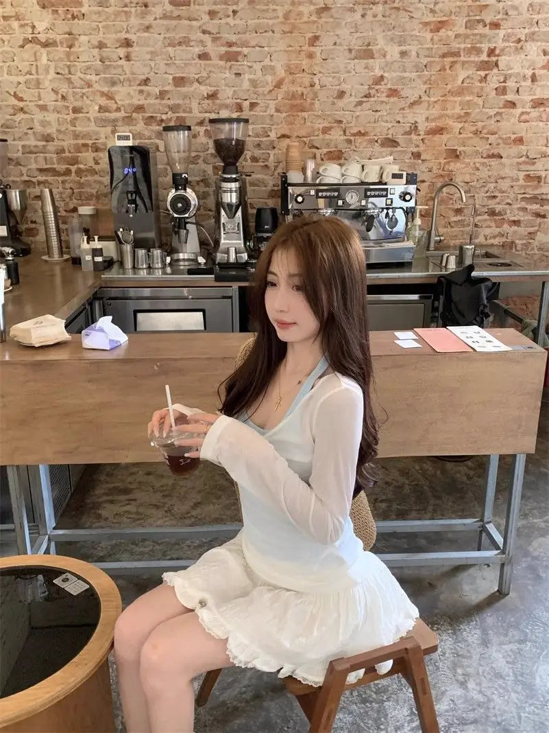 Long Sleeve Women Sun-protective T-shirts+ Camisole Set Korean Slim Basic Elasticity Pullovers Thin Perspective Sexy 2 Piece Set voguable