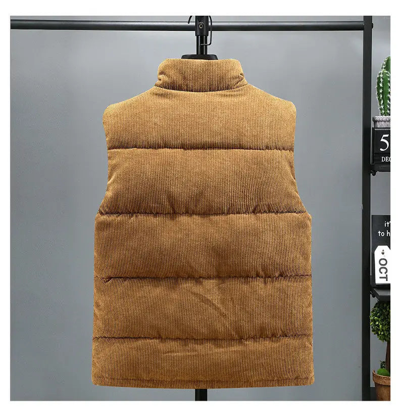 Vests Jacket Men Autumn Winter Stand Collar Warm Sleeveless Leisure Down Cotton-Padded Vest Coat Thickened Corduroy Warm Coat voguable
