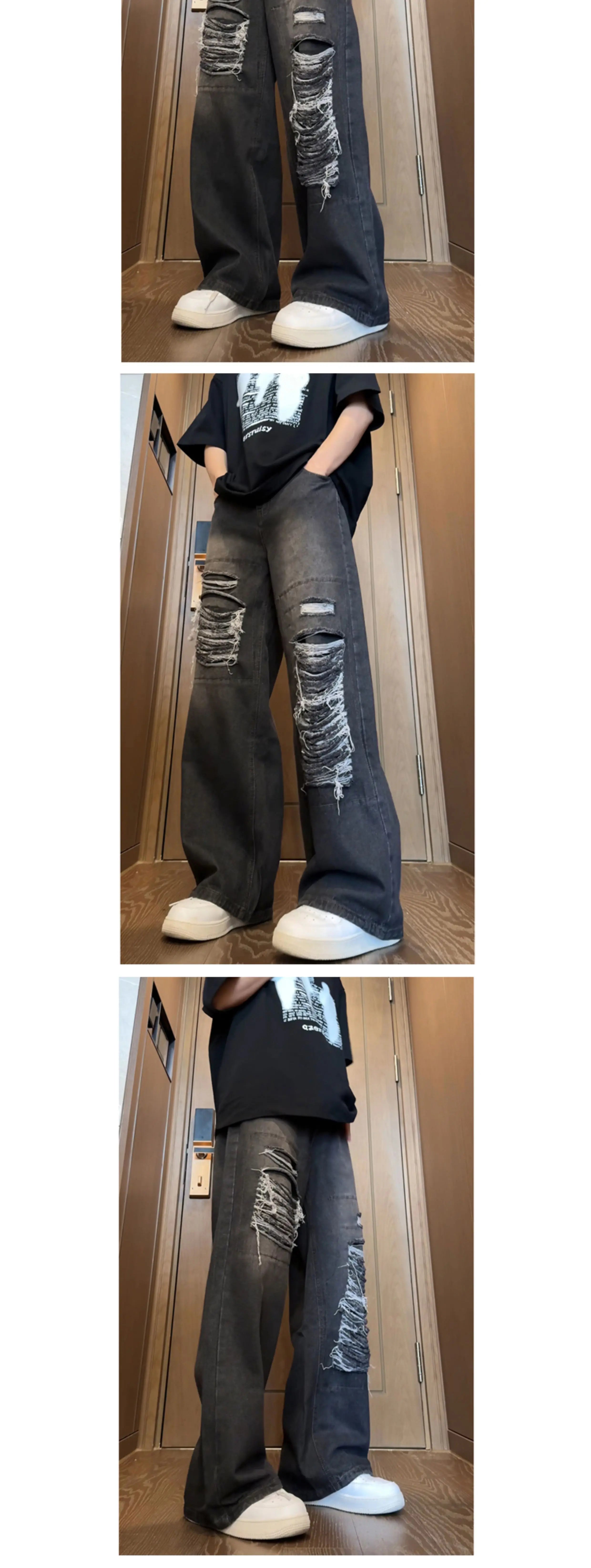 Beggar jeans men Vintage Streetwear Ripped Hole Jeans Men Women Harajuku Aesthetic Wide Leg Denim Trousers Unisex Straight Pants voguable