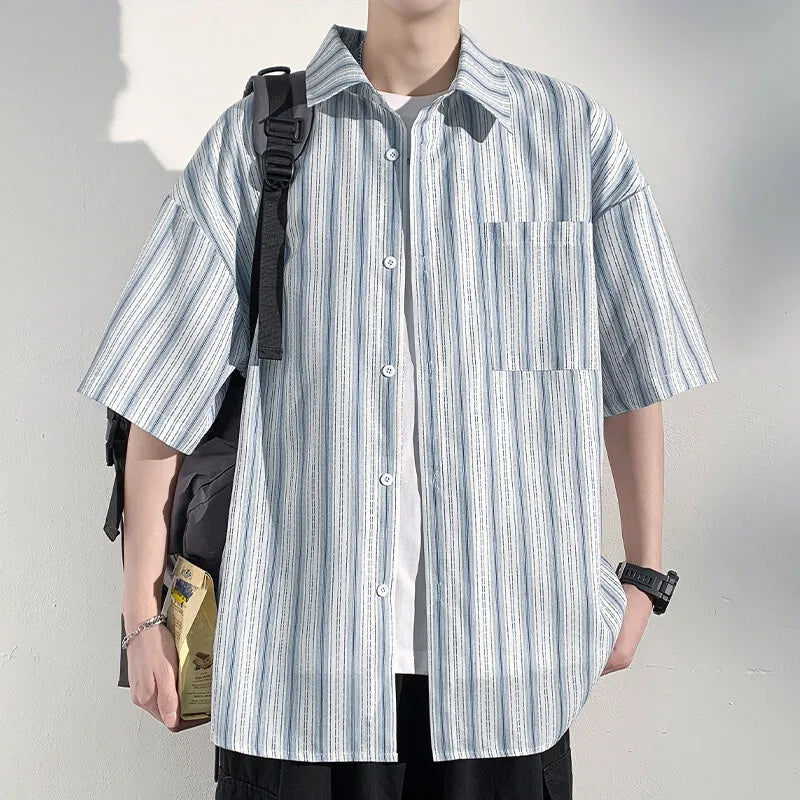 Voguable  Men's Casual Breathable Short Sleeve Shirt Vertical Stripe Color-Block Lapel Relaxed Fit Trendy Summer Style Top voguable