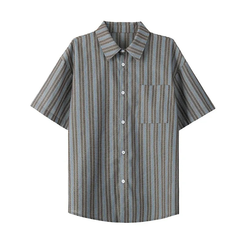 Voguable  Men's Casual Breathable Short Sleeve Shirt Vertical Stripe Color-Block Lapel Relaxed Fit Trendy Summer Style Top voguable