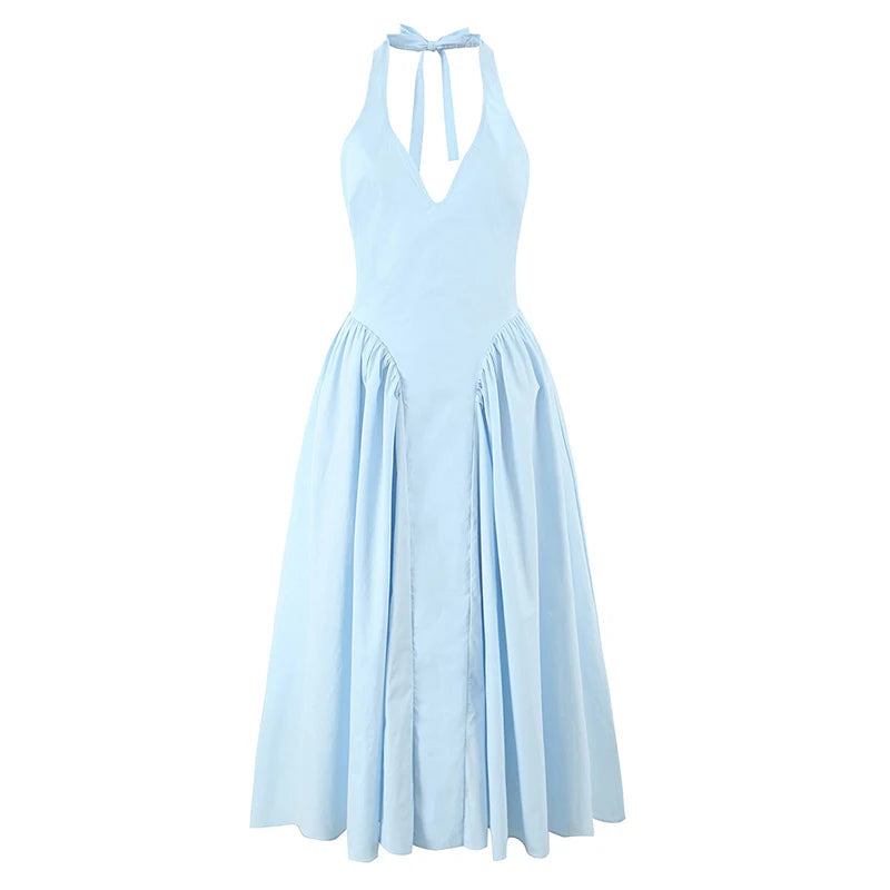 New Elegant Blue Halter Midi Long Dress Women Sexy Backless Deep V Neck Low Waist A-line Summer Dresses Party Robe voguable