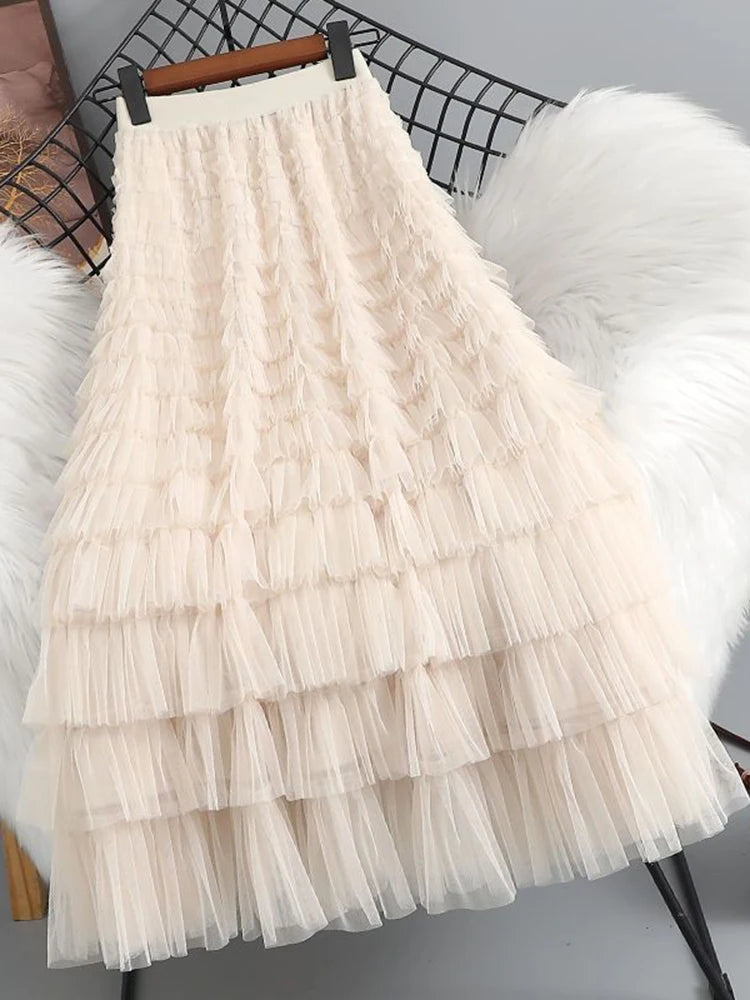 Summer Elegant Women Tulle Skirt Korean Fashion Mesh A Line Ladies Cake Skirt High Waist Loose Party Female Skirts New voguable