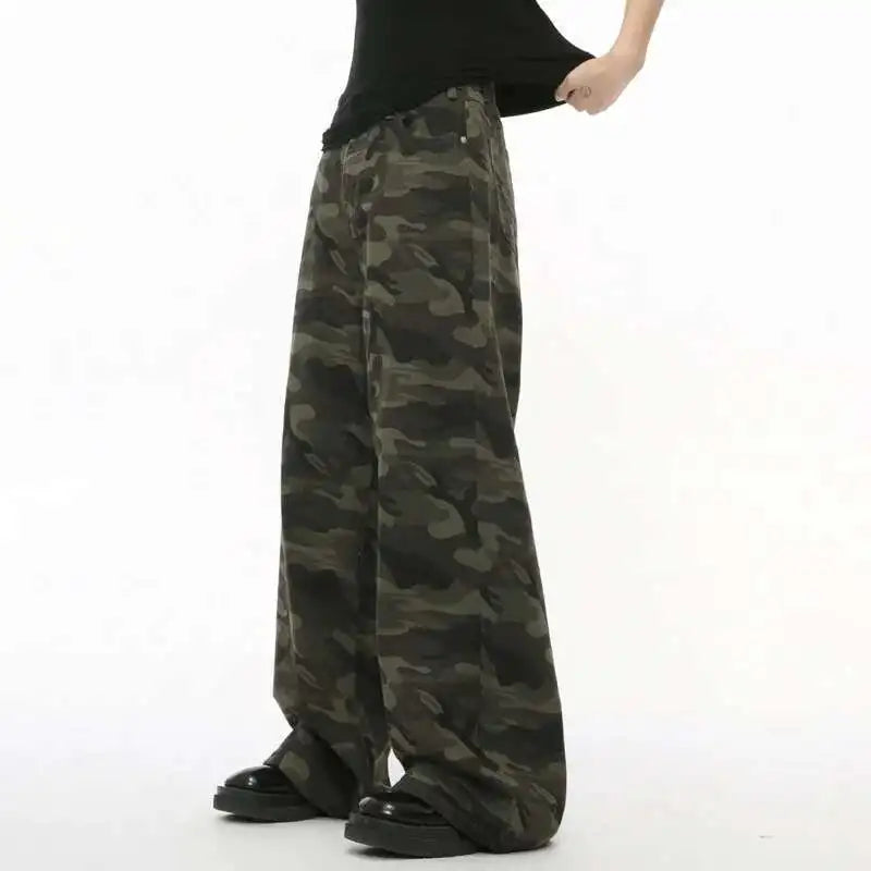 Vintage Camouflage Men's Jeans Fashion Washed Casual Wide Leg Denim Pants Autumn Winter Loose Male Trousers Old Blue 9C354 voguable