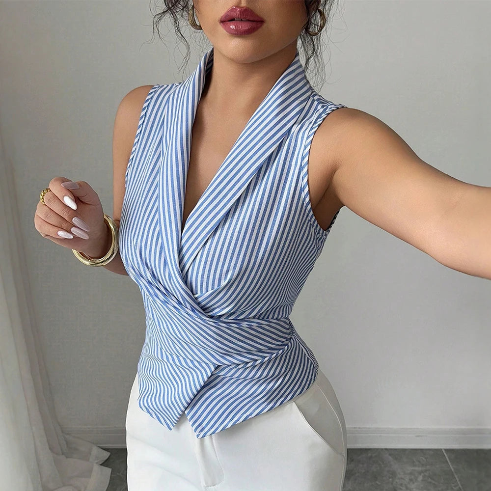 Shirts Spring Summer Fitting Slim Fashion Stripes Nipped Waists Sleeveless Lapel Office Lady Shirts For Women voguable