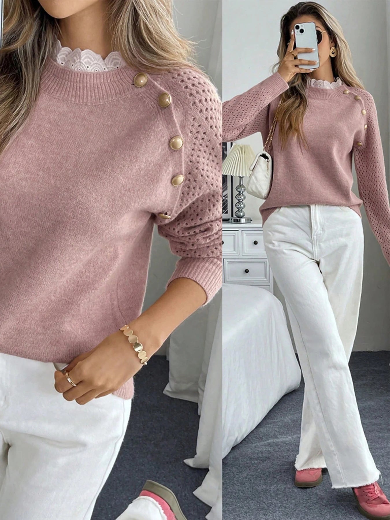 New lace round neck pullover long sleeved autumn and winter knitted sweater voguable