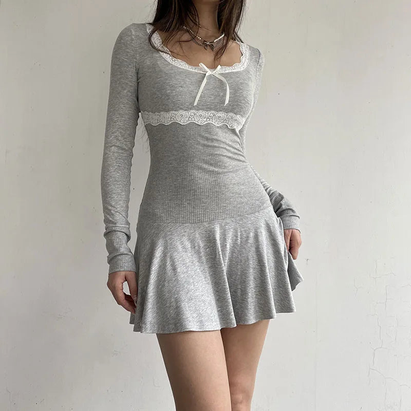 Voguable Lace Patchwork Knitted Mini Dresses Women Autumn Y2K Sweet Bow Bodycon Long Sleeve Pleated Dress Casual Korean Style voguable