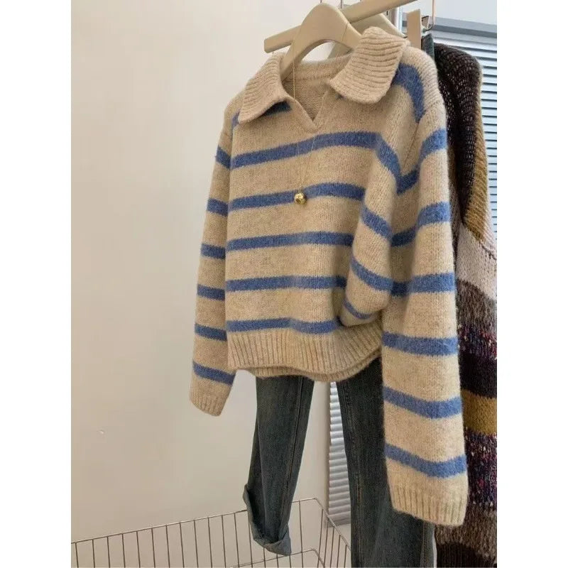 Voguable  Lapel Blue Striped Autumn Winter Sweater Long-sleeved Sweater Pullover Top Layered Versatile Short Style voguable