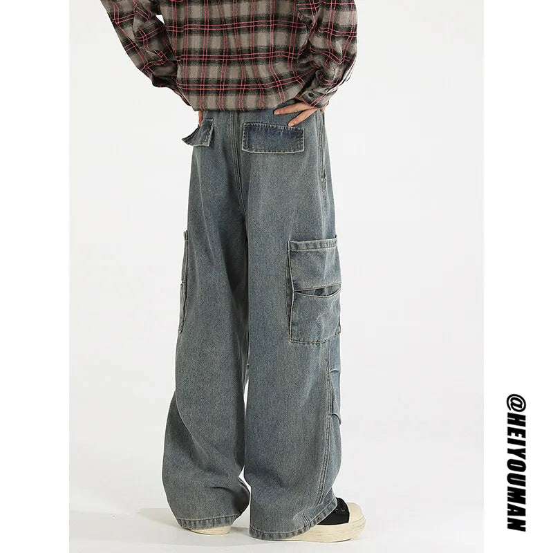 Loose straight Jeans Men Denim Cargo Pants Wash Solid Color Multi Pockets Casual Mid Waist Trousers Unisex Daily Wear Joggers voguable