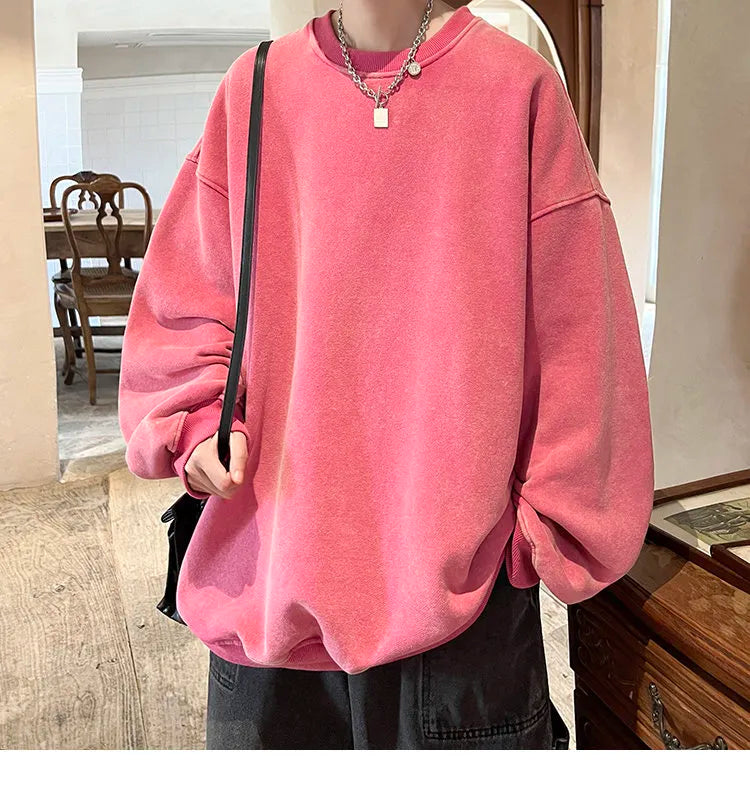 American Washed Old Pullovers Sweatshirts Men Loose Solid Color Autumn Large Size Warm O Neck Tops Hip Hop Y2k Sweatshirt voguable