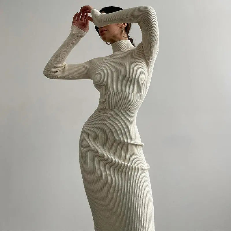 Knitted White Dress Women Elegant Fashion Turtleneck Bodycon Midi Dresses Female Autumn Winter Long Sleeve Slim Streetwear Dress voguable