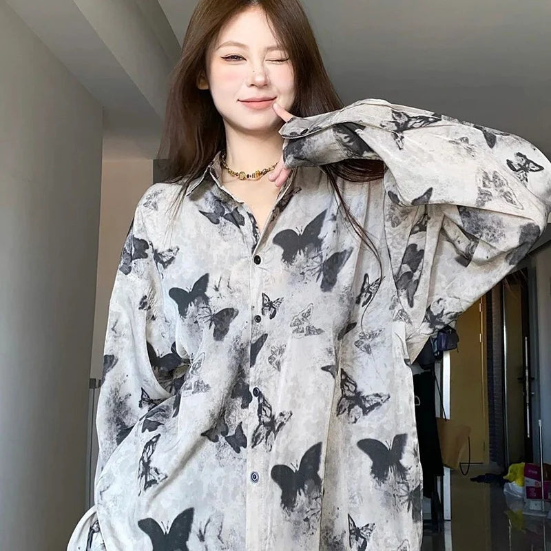 Vintage Harajuku Butterfly Print Shirt Women Y2K Oversized Single Breasted Female Shirt Streetwear Turn Down Collar Blouse Mujer voguable