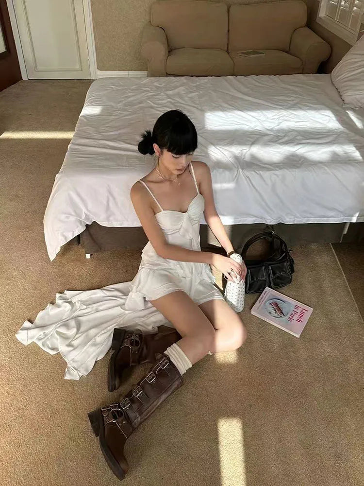 Y2K Streetwear Lace Camisole Dress Women Aesthetic Ruffle Slim Irregular Midi Dress Summer Club Party All Match Ladies Vestidos voguable