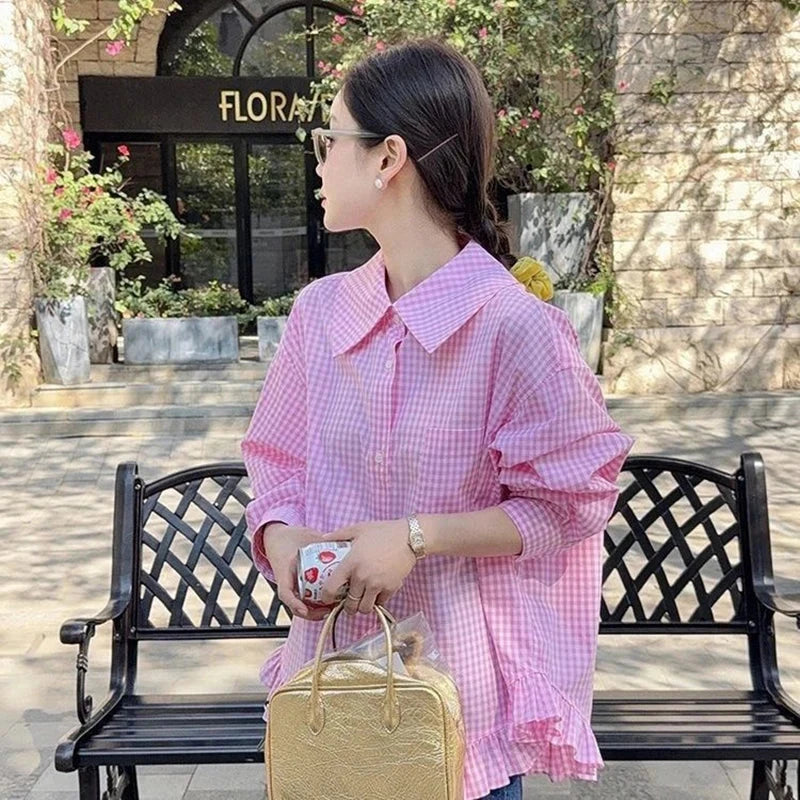 Vintage Black Plaid Shirt Women Loose Sweet Preppy Style Long Sleeve Blouse Fall Casual Retro Cute All Match Female Tops New voguable