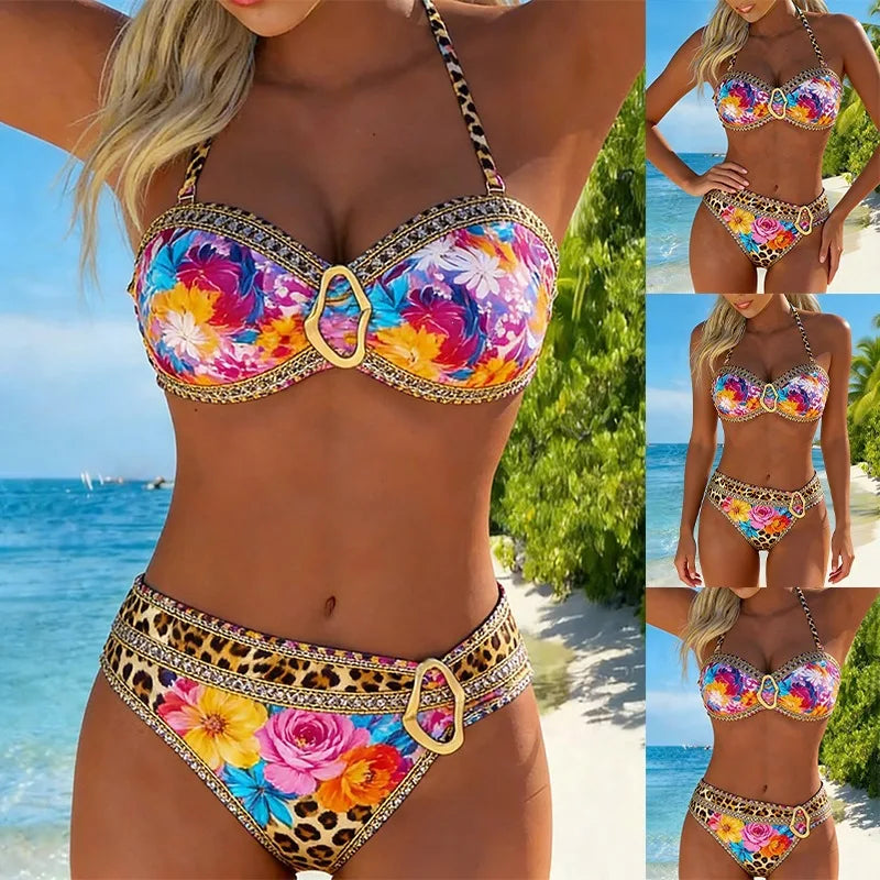 Voguable  2 Piece Gradient Leopard Bikinis Women Convertible Halter Bandeau Irregular Gold Buckle Matching Ruched High Waist Swimwear voguable