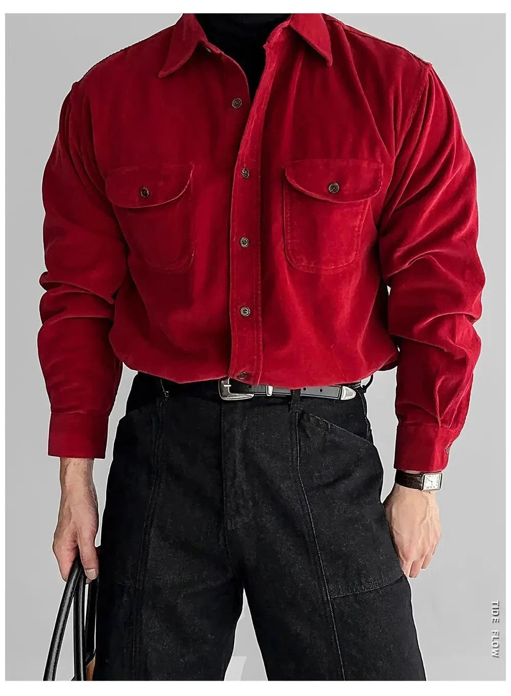Korean High-end Shirt Temperament Red Corduroy Long-sleeved Shirts Men Women Spring Loose Lazy Trendy Tops Aesthetic Chic Blouse voguable