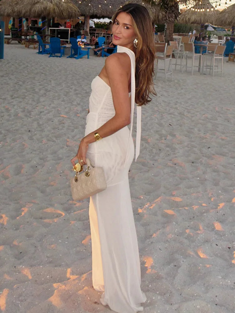 Hollow Out Backless Sexy Maxi Dress Women Gown Summer Halter Off-shoulder Backless Club Party Long Dress Elegant voguable