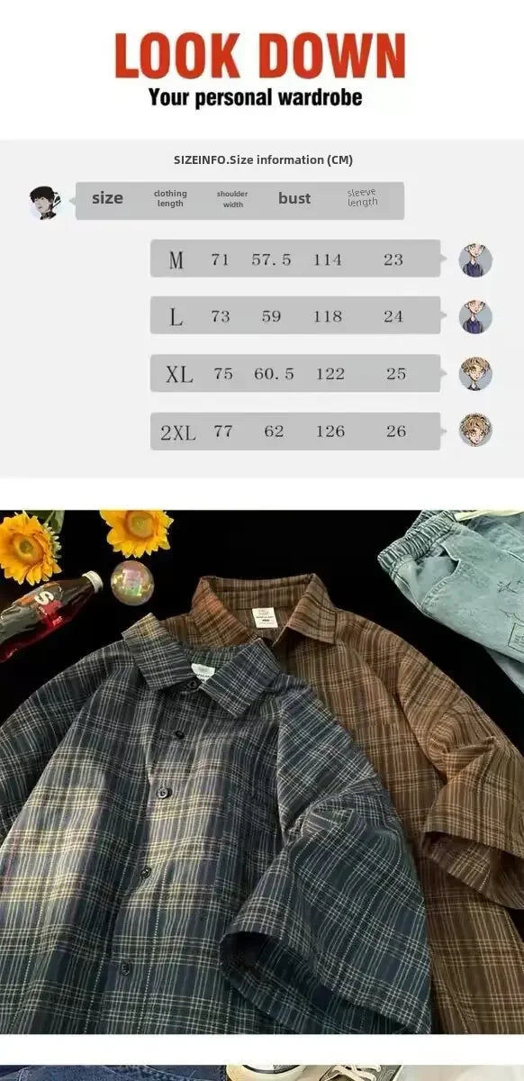 Japanese Vintage Plaid Short Sleeve Shirt Men's Streetwear Loose Fit Casual Stylish Versatile Half Sleeve Underwear voguable