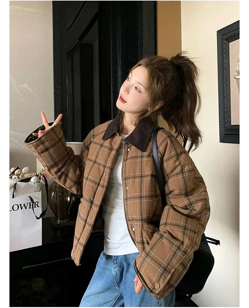 Warm Vintage Plaid Parkas Women Loose Long Sleeve Winter Thick Cotton Coat Korean Casual Pockets Cute Sweet Jacket Tops New voguable