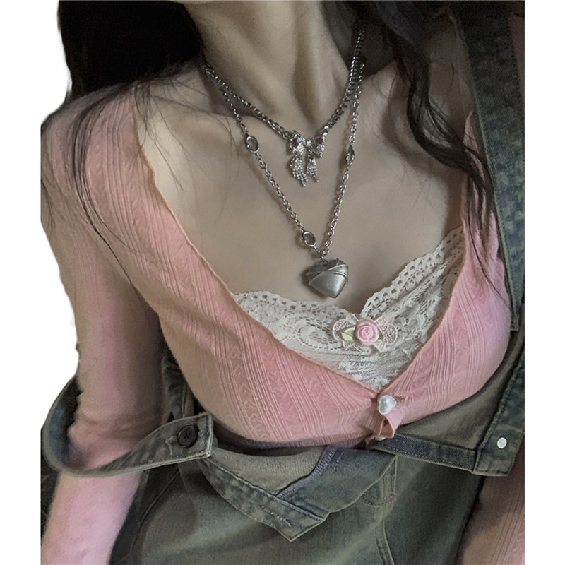 y2k Crop Top Sweet Aesthetic Clothes Women Lace Patchwork Long Sleeve T Shirt with Bow Decor 2000s Clothing Streetwear voguable