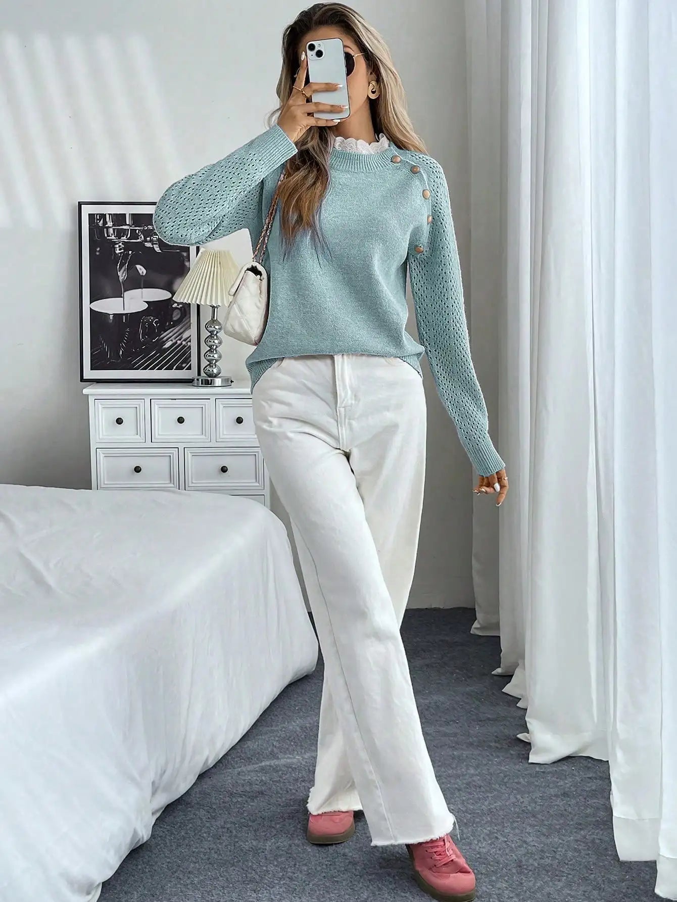 New lace round neck pullover long sleeved autumn and winter knitted sweater voguable