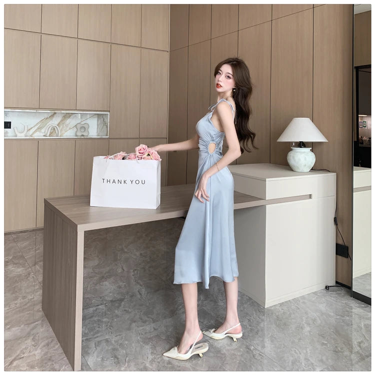 Voguable New Solid Color Sling Dress Women's Summer Korean Elegant Lady Pleated Dress Fashion Beach Sexy Backless A-line Dresses voguable