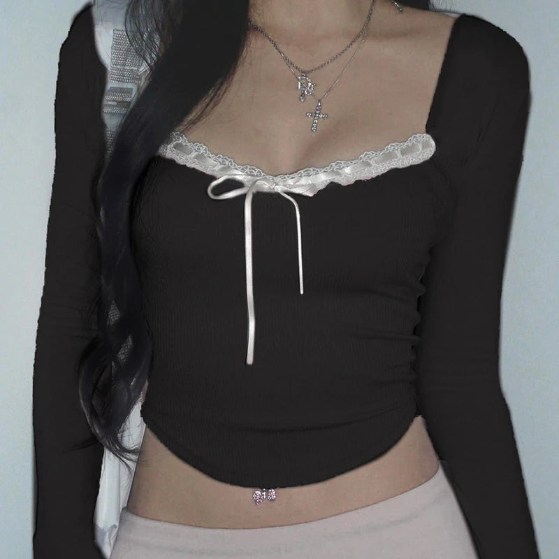 Voguable  Y2K Lace Ribbons Lace-up Bow Cropped Top Pink Cute Casual Basic Irregular Knitted Tops Coquette Aesthetic Slim-fit Tees voguable
