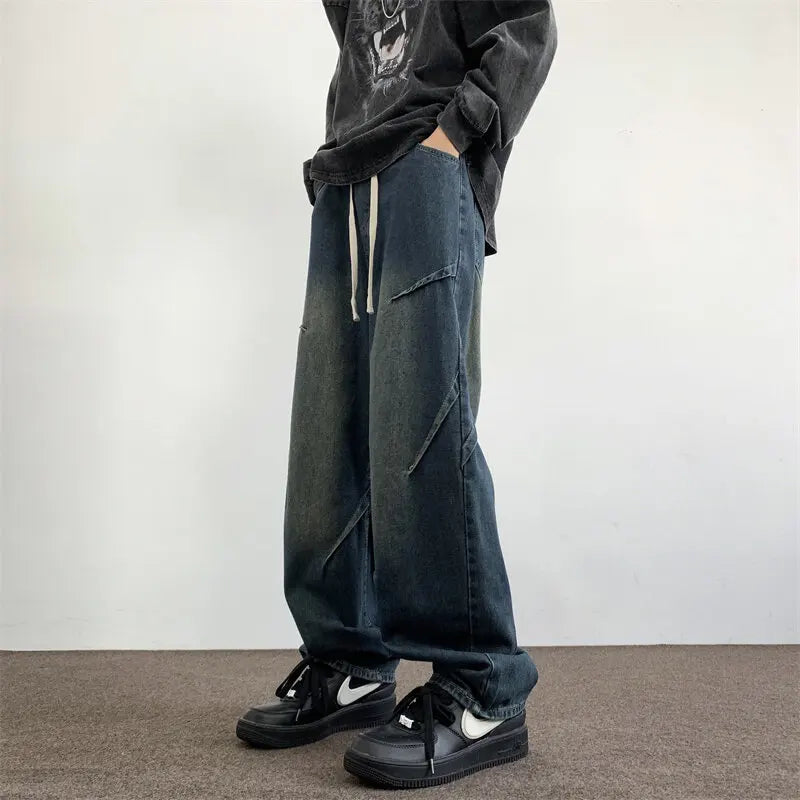 Mens Straight Leg Jeans Elastic Waistband Drawstring Comfort Fit Denim Casual Trousers Adjustable Waist Relaxed Fit voguable
