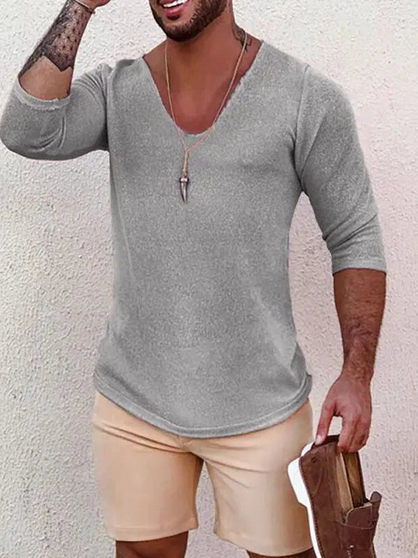 Voguable  Lightweight Breathable Loose Long Sve U-Ne Hollow out Knitted T-irt for Men Made of Linen Ice Silk Trendy Summer Top voguable