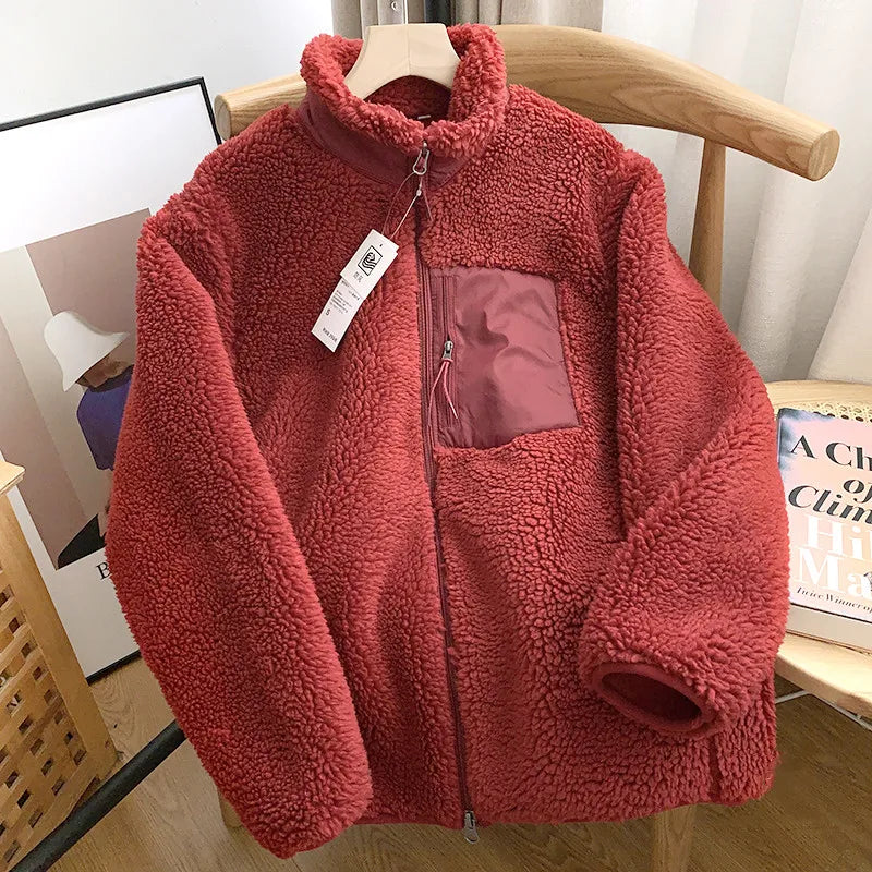 Autumn Winter Lambswool Coat Male Loose Windproof Warm Sherpa Stand Collar Polar Fleece Jacket Unisex Simple  Pocket Spliced Top voguable