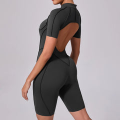 Voguable  Summer Zipper Workout Jumpsuit Sports Overalls Women Running Fitness Short Sleeve Yoga Bodysuit voguable