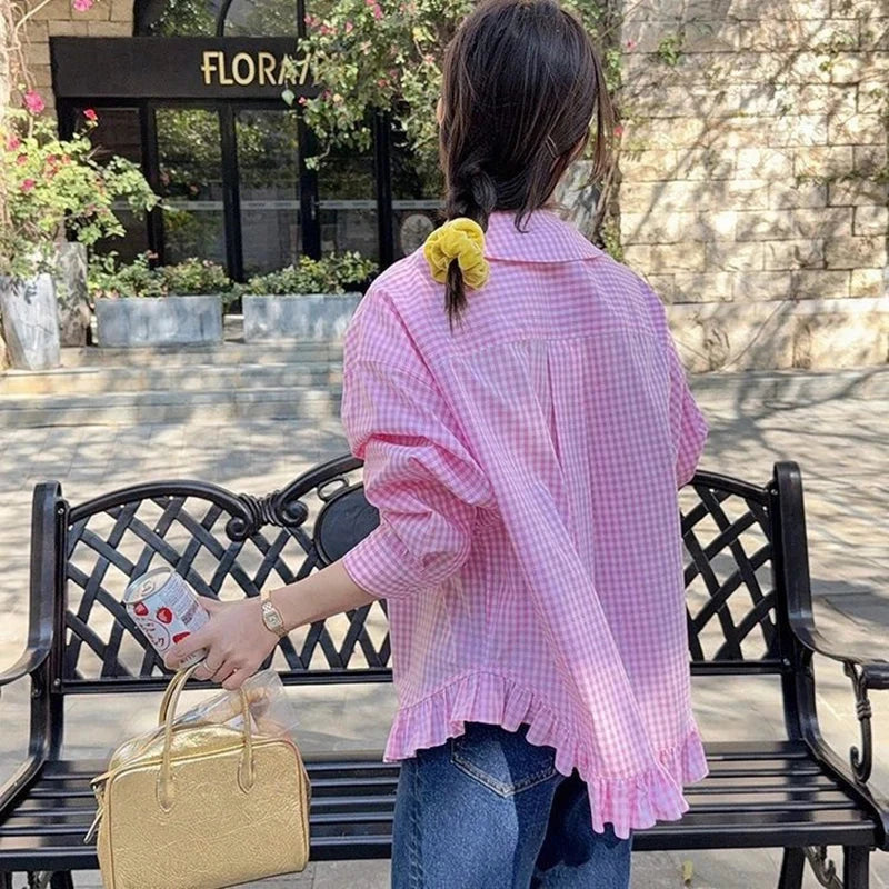 Vintage Black Plaid Shirt Women Loose Sweet Preppy Style Long Sleeve Blouse Fall Casual Retro Cute All Match Female Tops New voguable