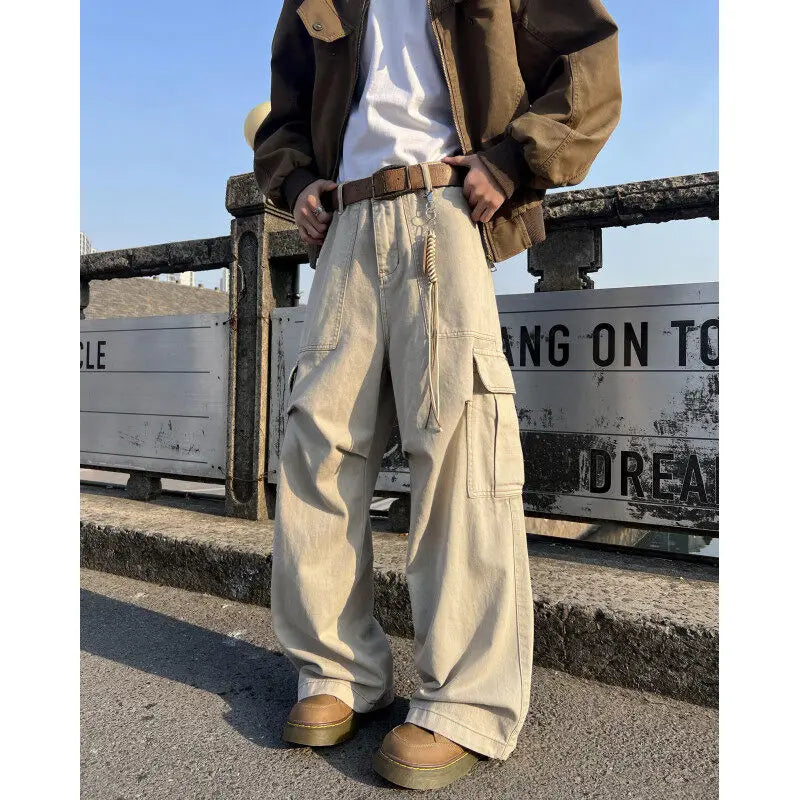 Mens Casual Workwear Cargo Pants Loose Fit Straight Wide Leg Multi Pocket Utility Tactical Outdoor Hiking Durable Heavy Duty voguable