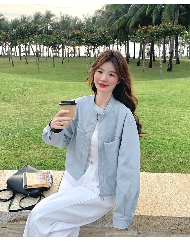 Sweet Biker Pu Jacket Women Vintage Preppy Style Big Pockets Short Coat Casual Korean Long Sleeve Retro O Neck Cute Tops voguable