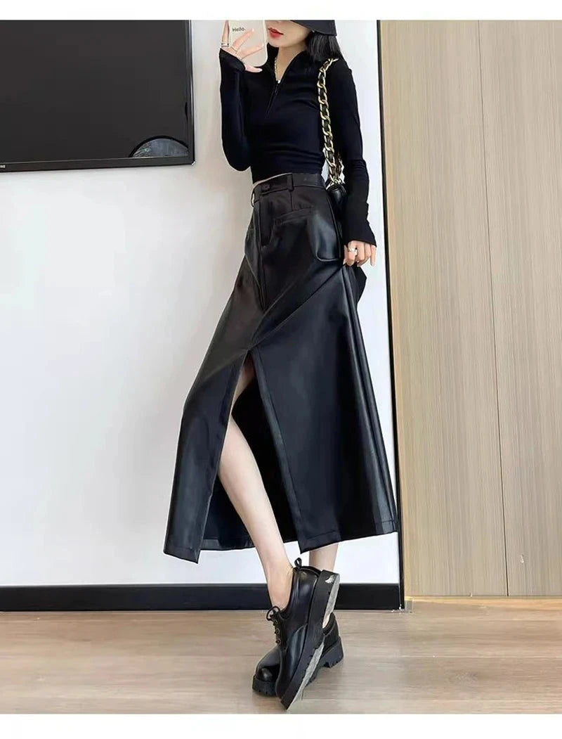 Sexy Slit Pu Long Skirt Women High Waist Slim Vintage Skirts Casual Fall Winter Lady Solid Retro American Streetwear Long Skirt voguable
