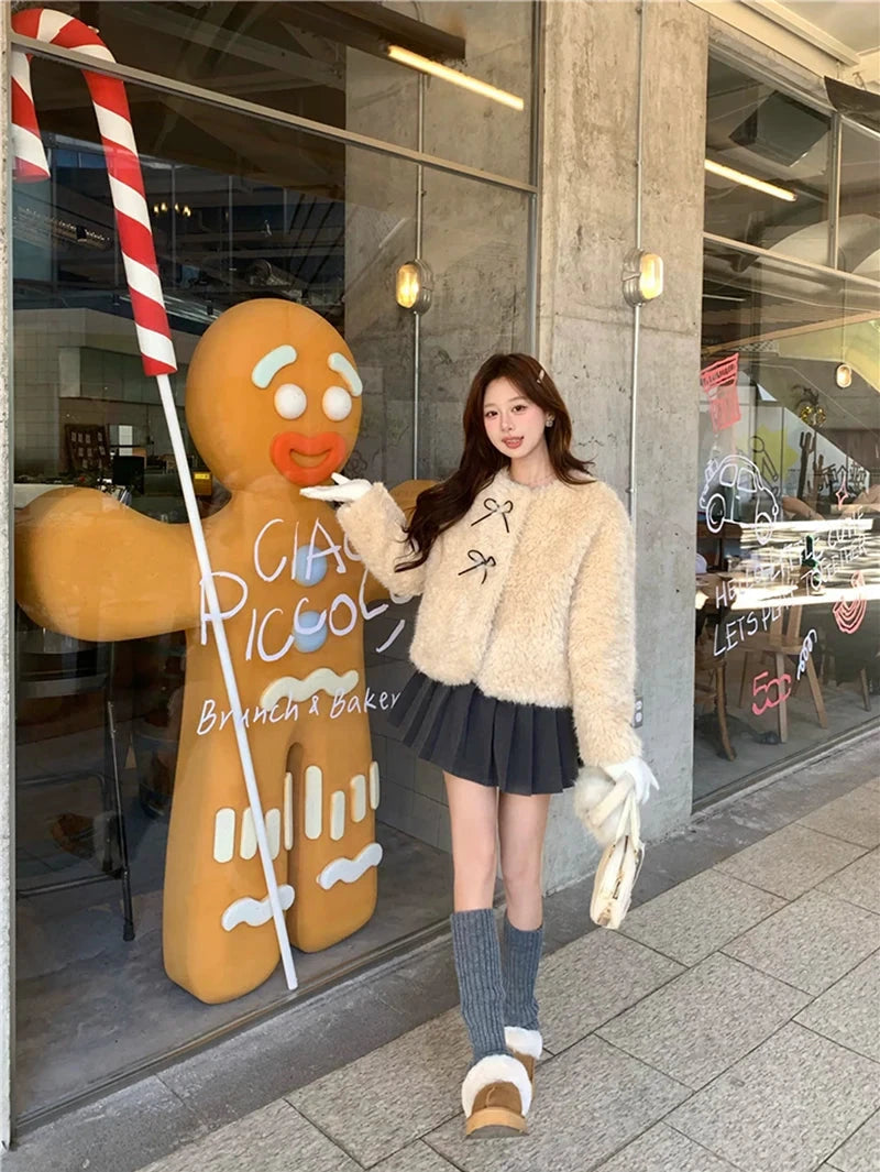 Cute Bow Faux Lamb Coat Women Sweet Winter Long Sleeve O Neck Jacket Slim Warm Korean Female Fashion Preppy Style Outwear Tops voguable