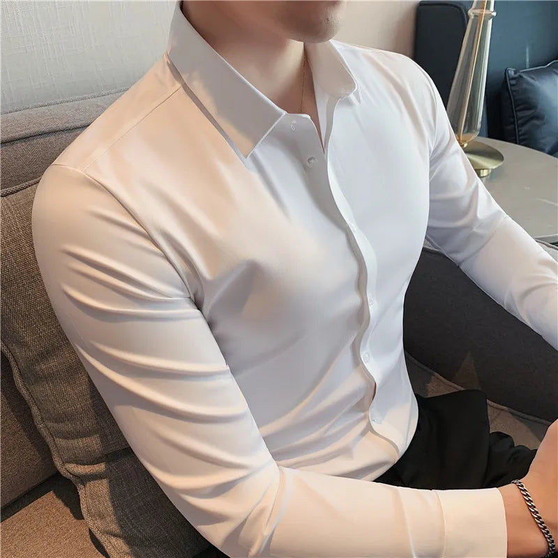 Plus Size 4XL-M High Elasticity Seamless Shirts Men Long Sleeve Top Quality Slim Casual Luxury Shirt Social Formal Dress Shirts voguable