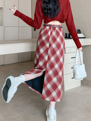Faux Woolen Plaid Long Skirt Women Vintage Slim High Waist Back Slit Belt Skirts Korean Fall Winter Elegant Long Skirts New voguable