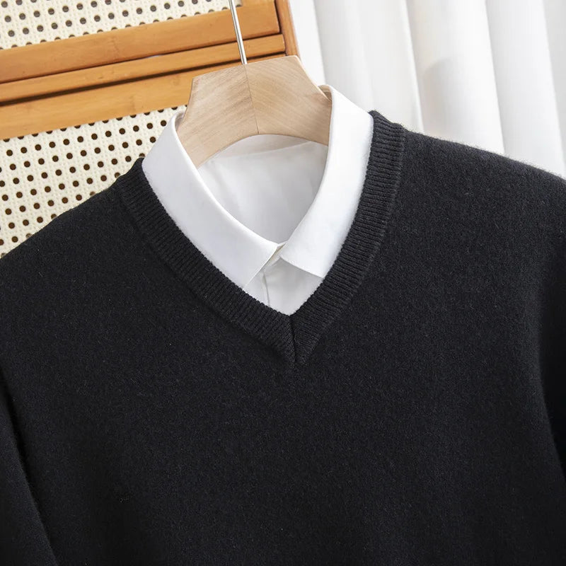 Men 100% Merino Wool Sweater V-Neck Pullover Autumn Winter Cashmere Warm Solid Knitwear Clothes Business Bottoming Soft Tops voguable