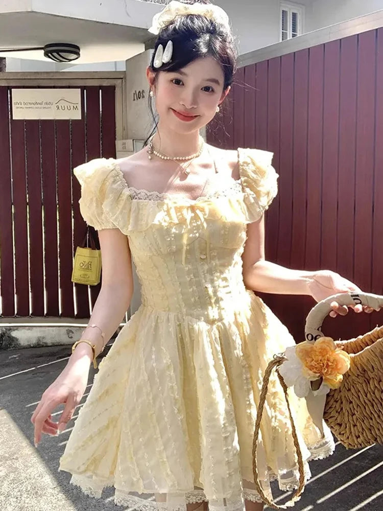 Sweet Sexy Slim Yellow Dress Women Fashion Lace Patchwork Cute Mini Dress Chic Square Collar Puffy Sleeve Elegant Vestidos voguable