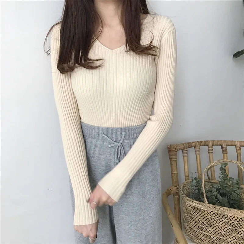 Rib-knit Long Sleeve Top for Women Soft Stretchy V-neck Fitted Knit Top Sweater Pullover Ladies Autumn Winter Layering Outfit voguable