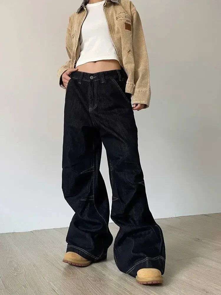 Grunge Black Jeans Women Y2k Vintage Oversized High Street Wide Cargo Denim Trousers Casual Baggy Straight Denim Pants voguable