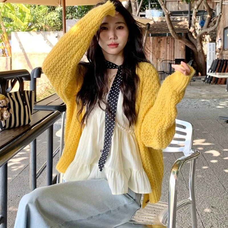 Open Knit Cardigan for Women Long Sleeve V-neck Button Up Sweater Jacket Autumn Winter Ladies Slouchy Casual Outfit voguable