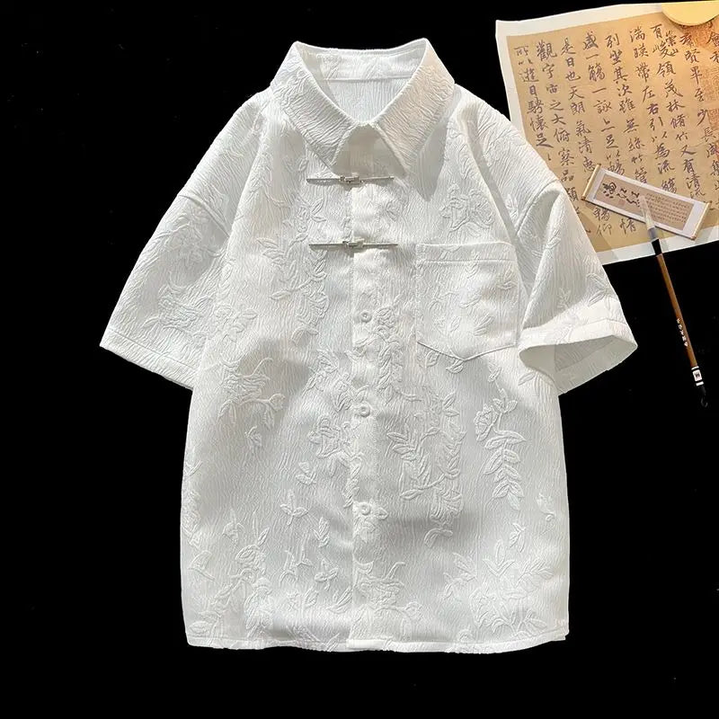 Summer Short-sleeved Shirt Men's New Chinese Men's National Trend Shirt Loose Large Size Metal Button Couple's Top Aesthetic voguable