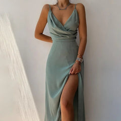 Voguable  Spring  European and American sexy v-neck halter split dress   women's dress medium and long dress voguable