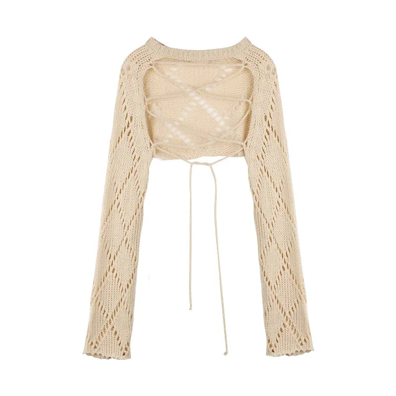 Voguable 2024 Summer New Letter Print Loose Casual Short Sleeve T-Shirt Women + Hollow Sunscreen Lace-Up Knit Sweater Two-piece Suit voguable