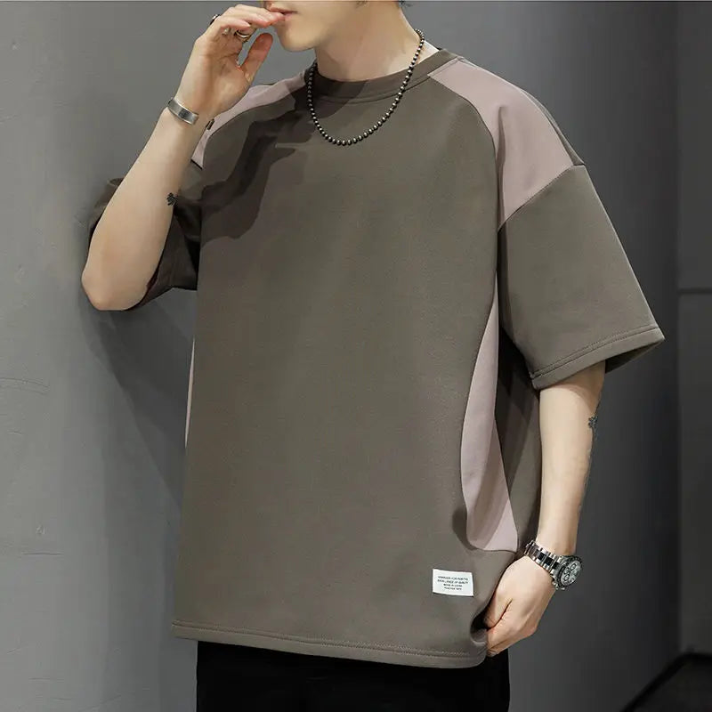 Voguable  Contrasted Color Splicing Short-sleeved T-shirt Men's Summer Two-piece Casual Loose Round Neck Pullover voguable