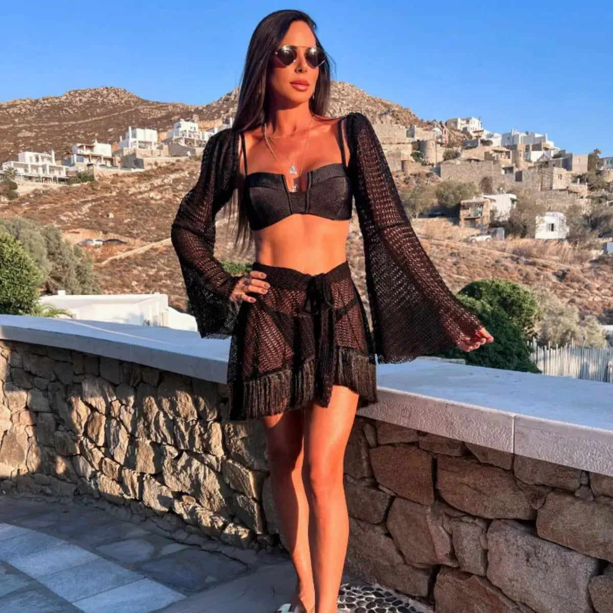 Black Beach Dress Women's Swimsuit Sexy Swimwear Bikini Skirt Female Kimono Beach Outing Pareo Beach Cover Up Bath Suits voguable